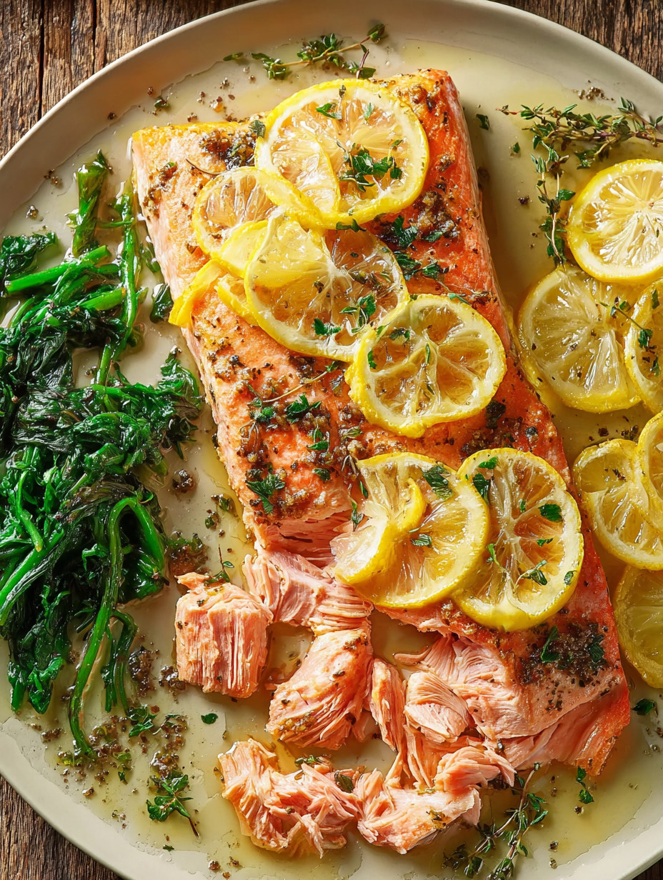 A plate of food with salmon and lemon slices.