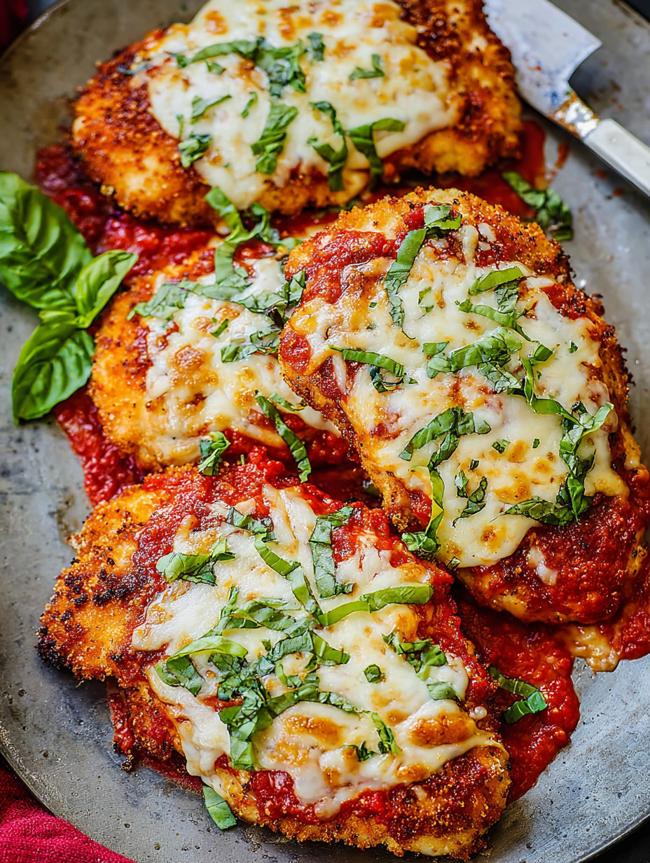 Chicken Parmesan with cheese and herbs.