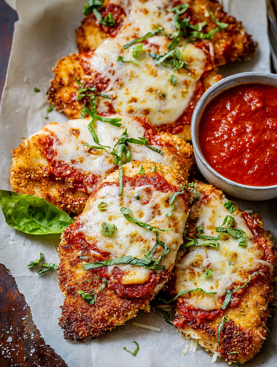 A plate of chicken Parmesan with sauce.