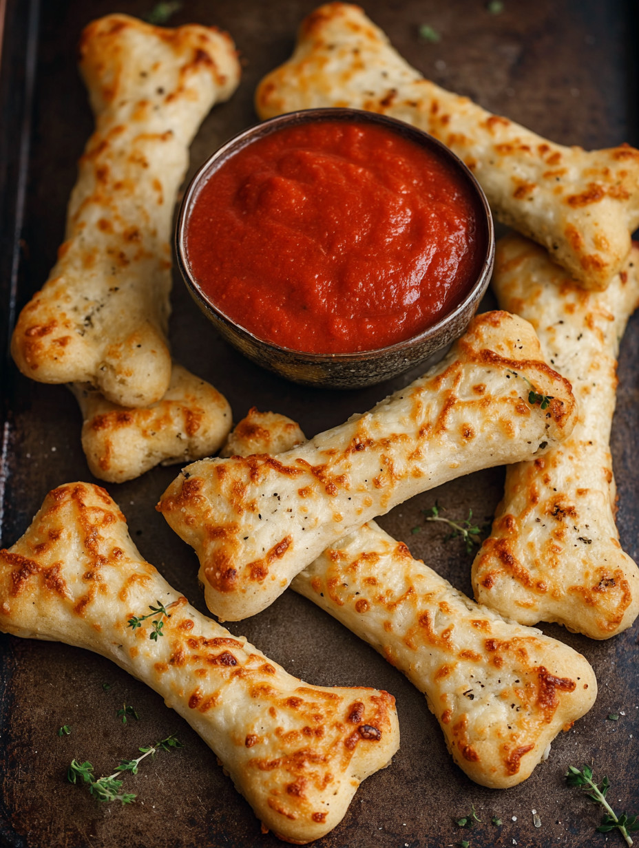 A bowl of cheesy breadsticks with a spoon in it.