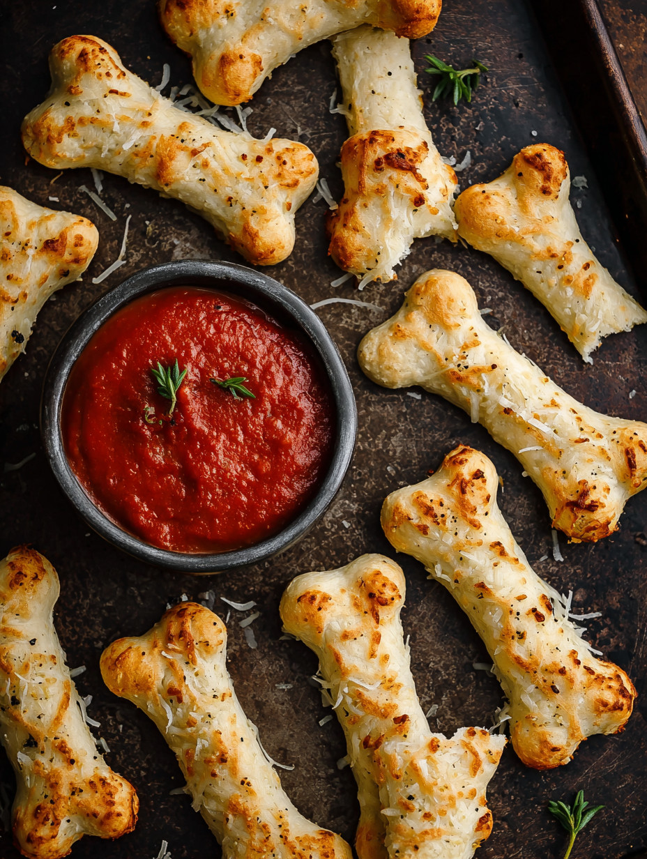 A bowl of marinara sauce with cheesy breadsticks in the shape of bones.