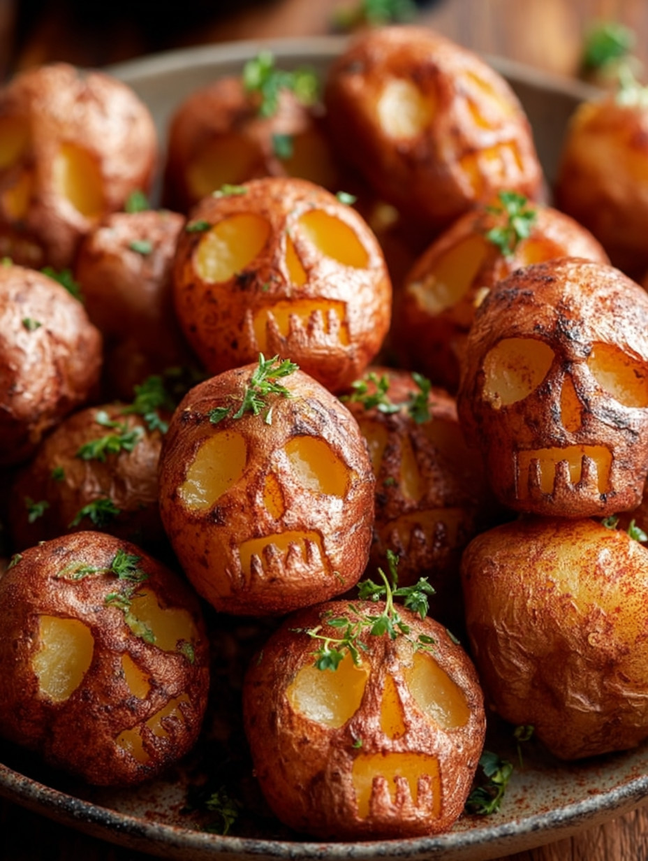 A pile of potatoes with faces drawn on them.