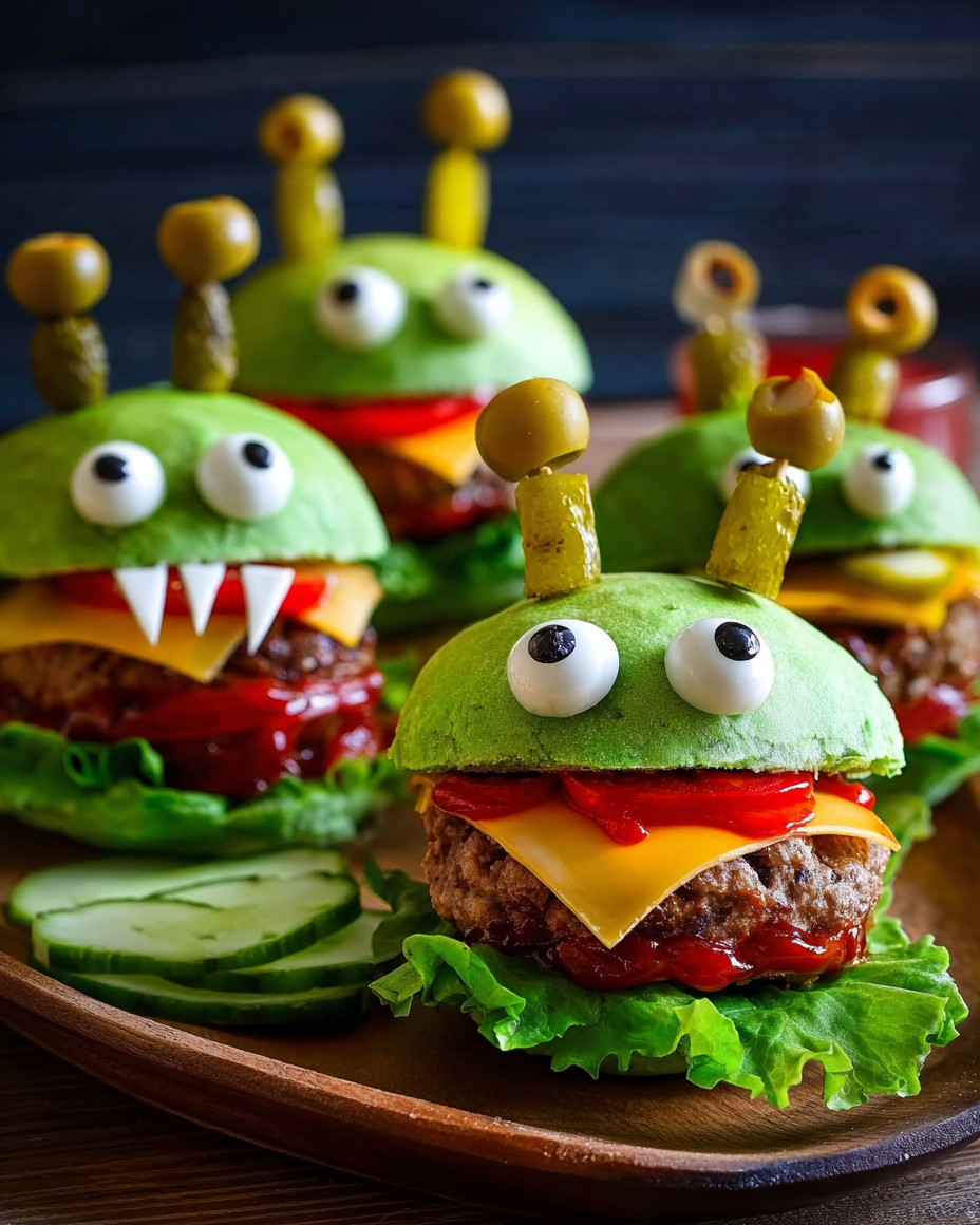 A plate of green monster burgers with pickles on top.