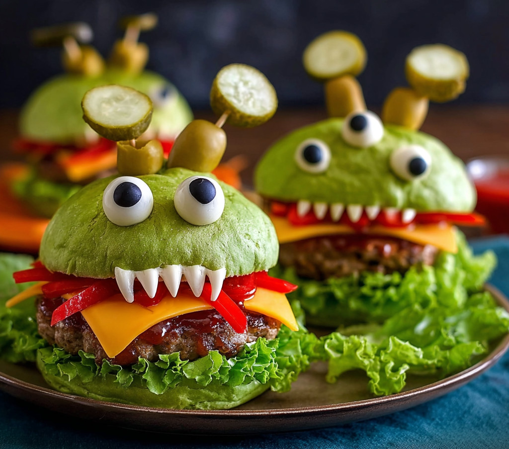 A plate of green monster burgers with pickles for eyes.