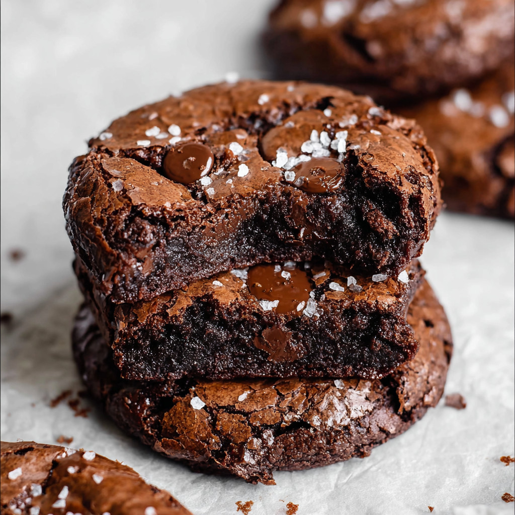 A stack of chocolate cookies with white sugar on top.