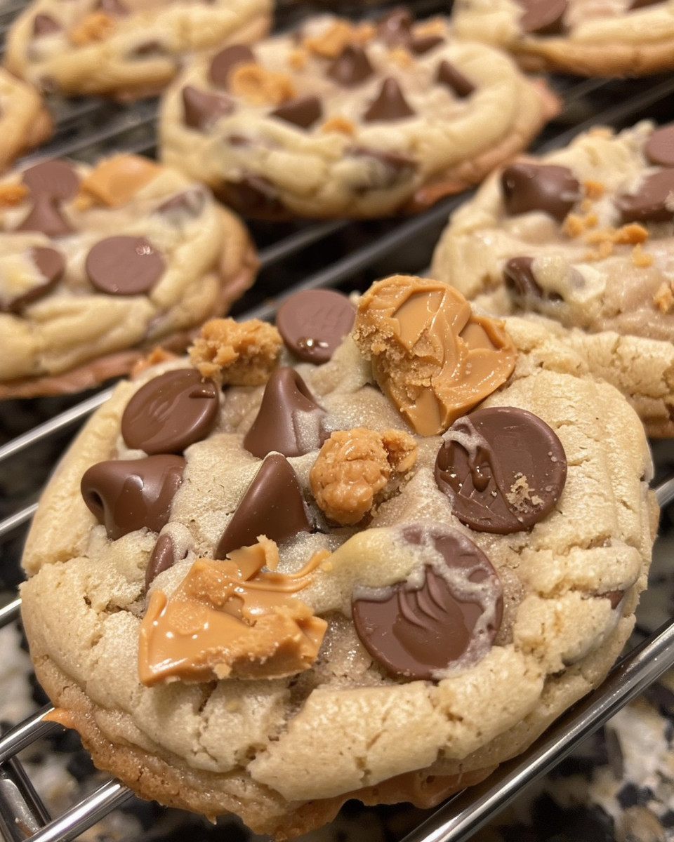 A close up of a chocolate chip cheesecake cookie.