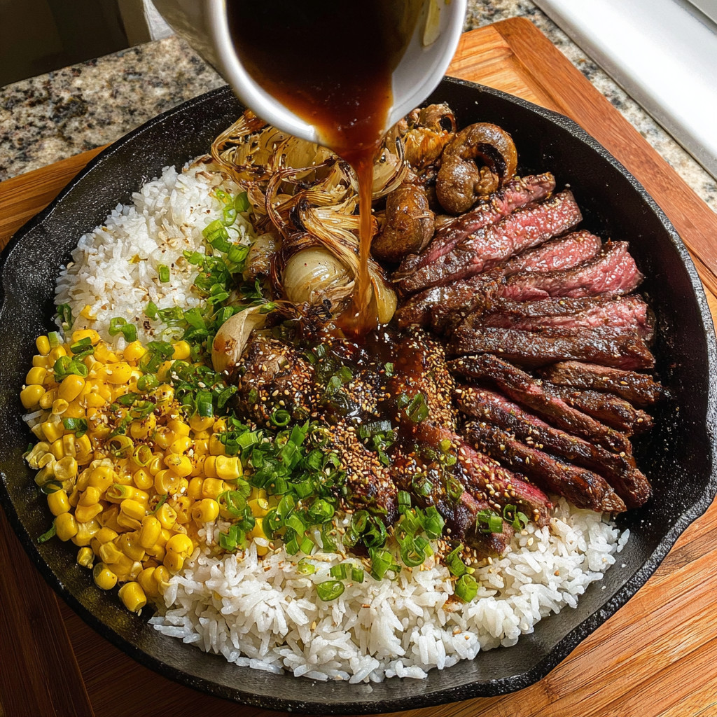 A plate of food with a brown sauce on top.