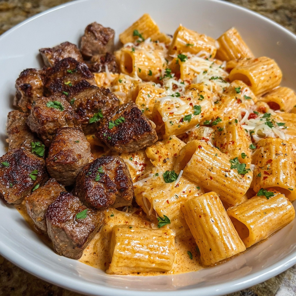 A bowl of pasta with meat and cheese.
