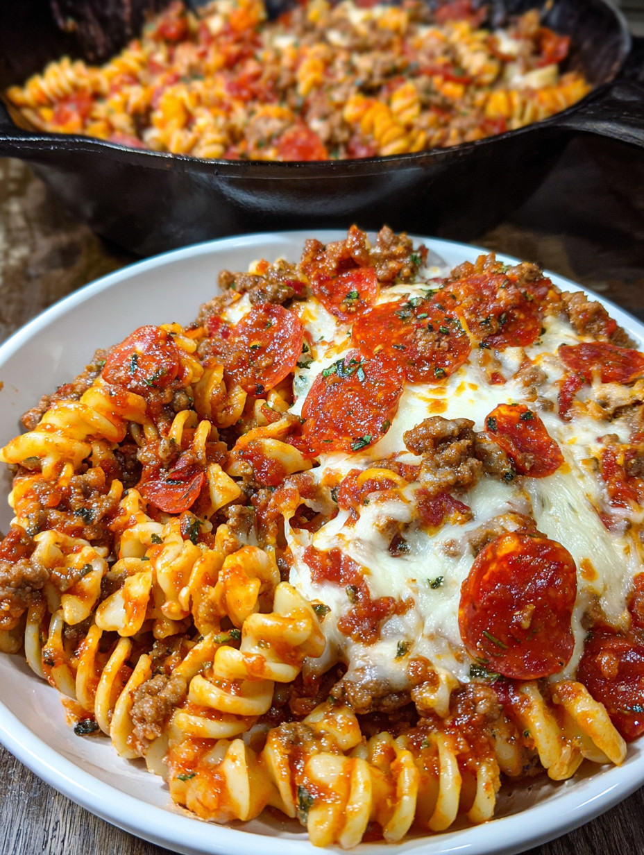 A bowl of pasta with meat and pepperoni on top.