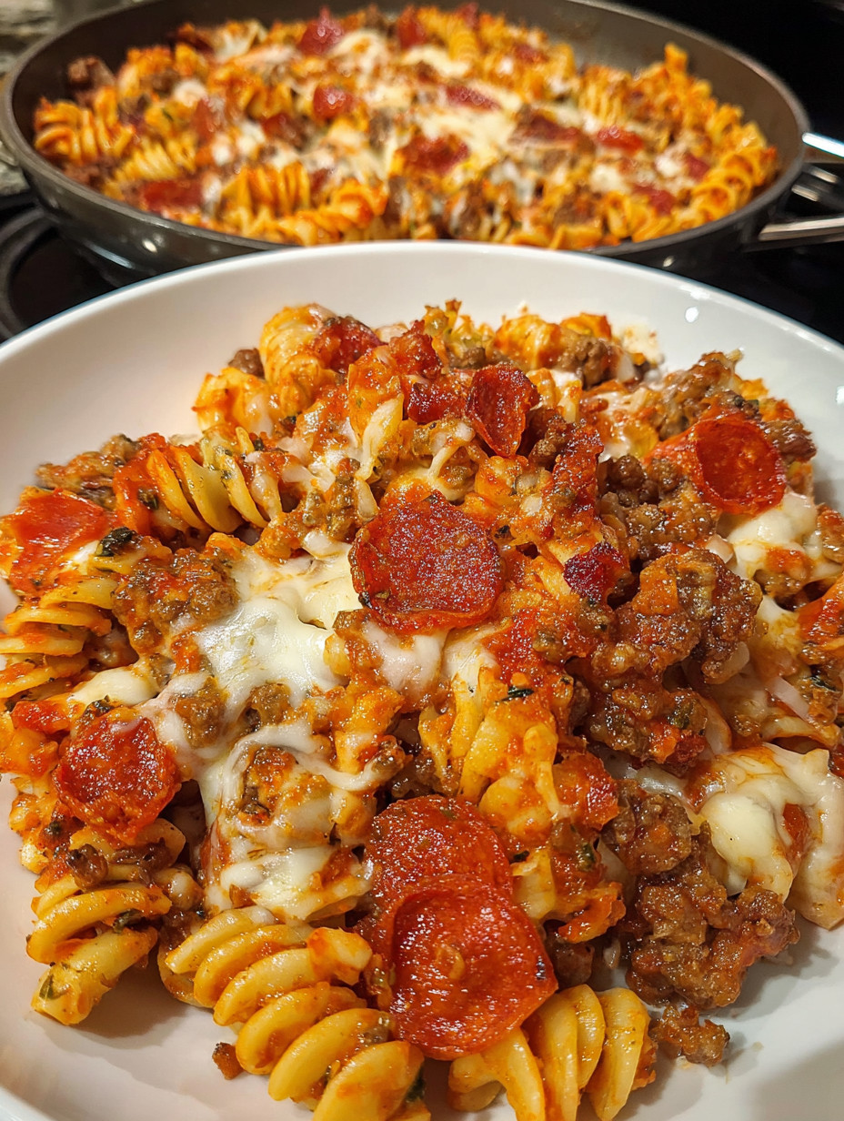 A plate of pasta with pepperoni on top.