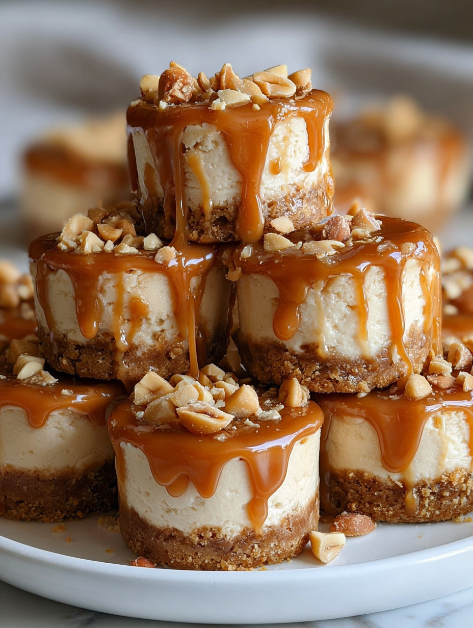 A stack of peanut butter caramel mini cheesecakes.