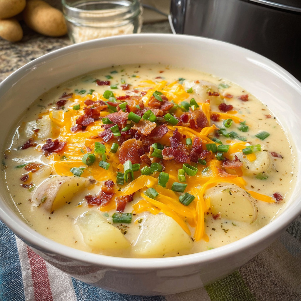 A bowl of loaded potato soup with bacon and cheese.