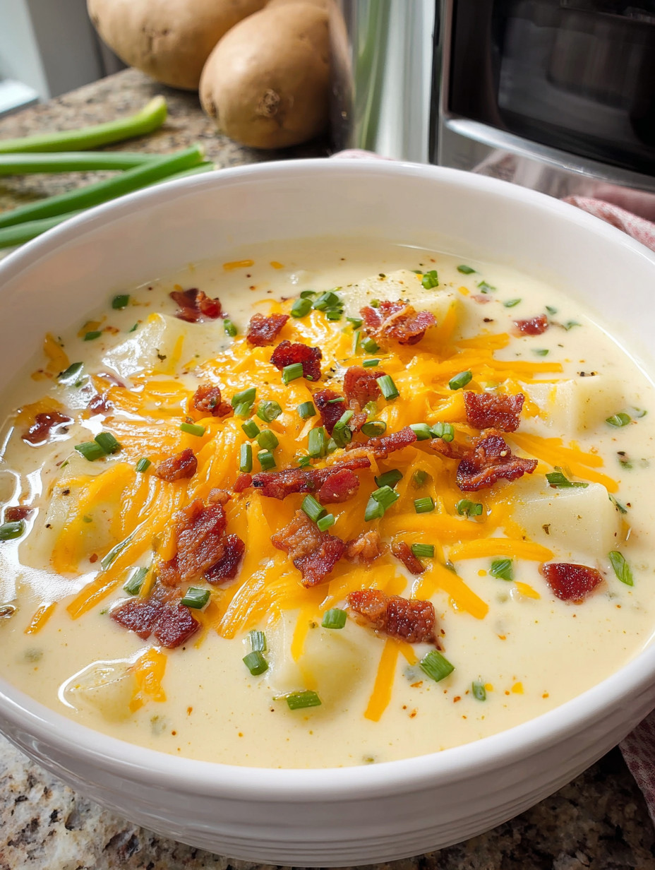 A bowl of loaded potato soup with bacon and cheese.