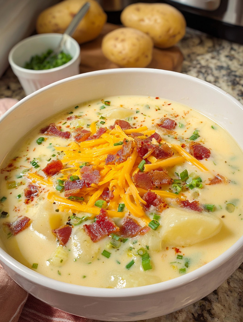 A bowl of loaded potato soup with cheese and bacon.