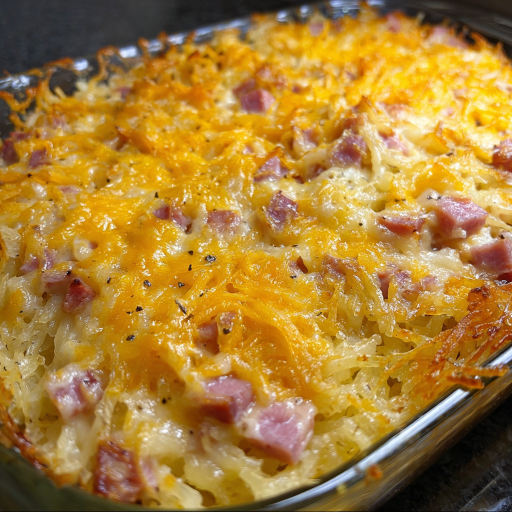 A cheesy ham hashbrown casserole.