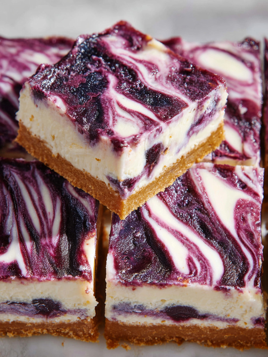 A slice of blueberry swirl cheesecake bars.