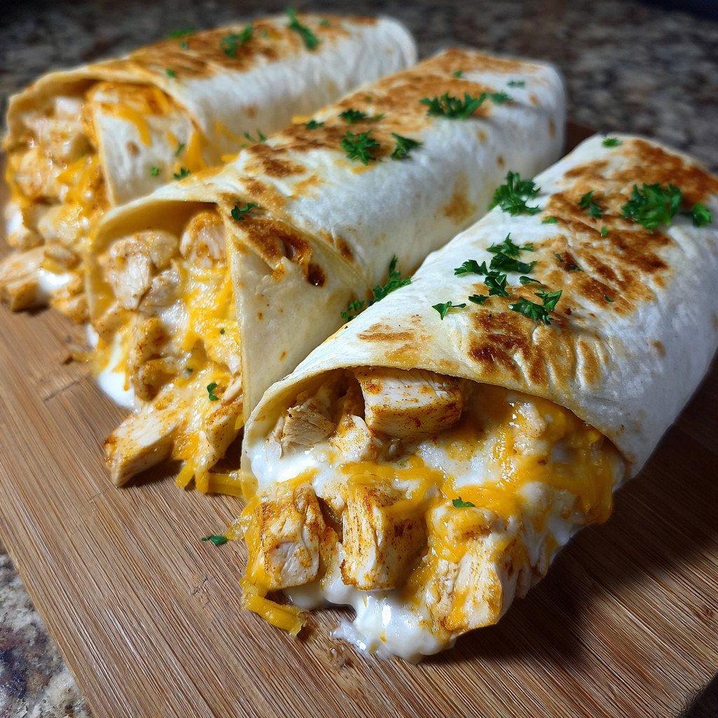 Two cheesy chicken garlic wraps on a wooden table.