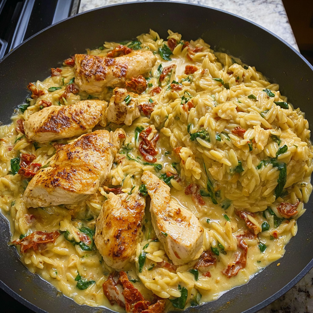 A delicious one pot meal of chicken and orzo.