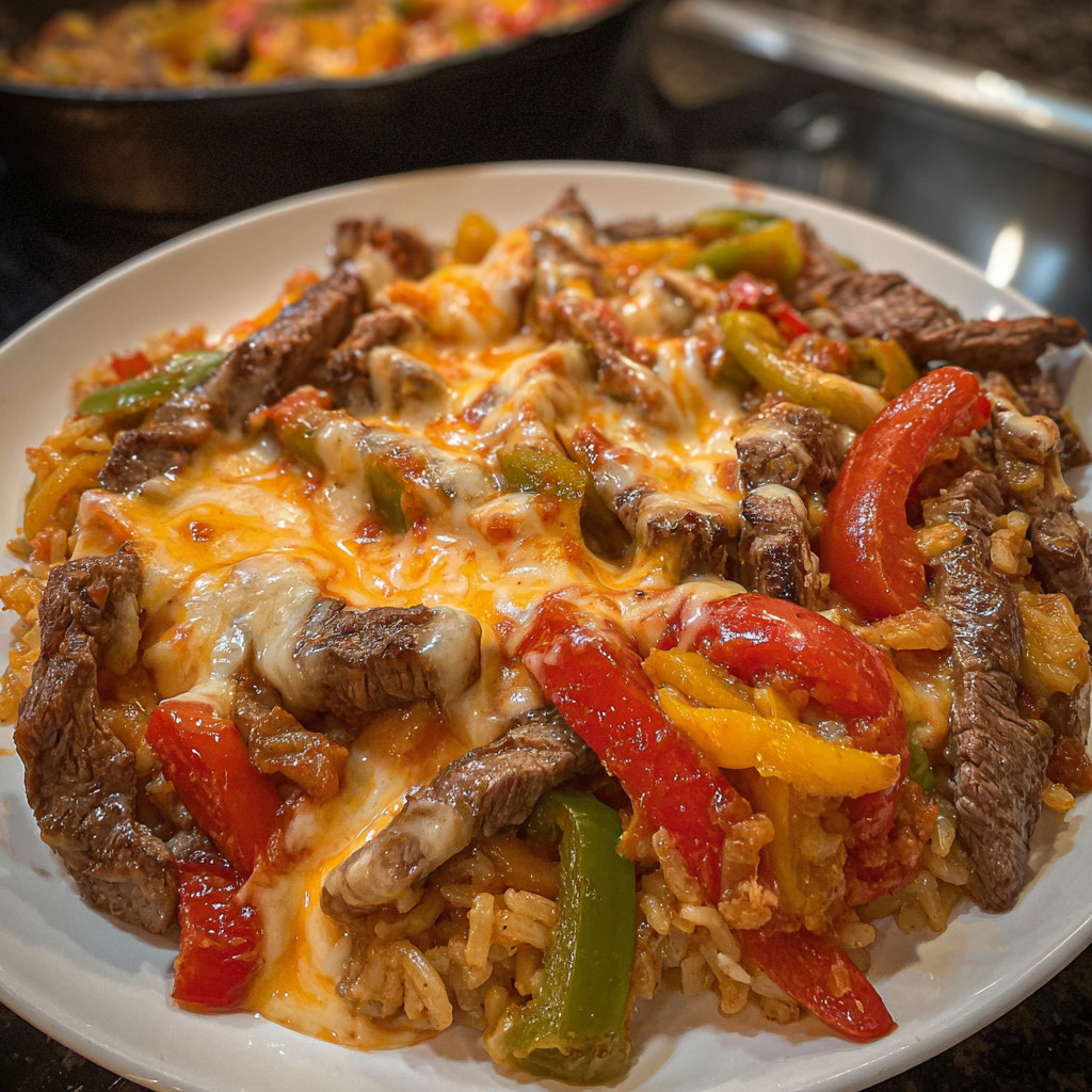 A plate of food with a variety of ingredients including rice, peppers, and meat.