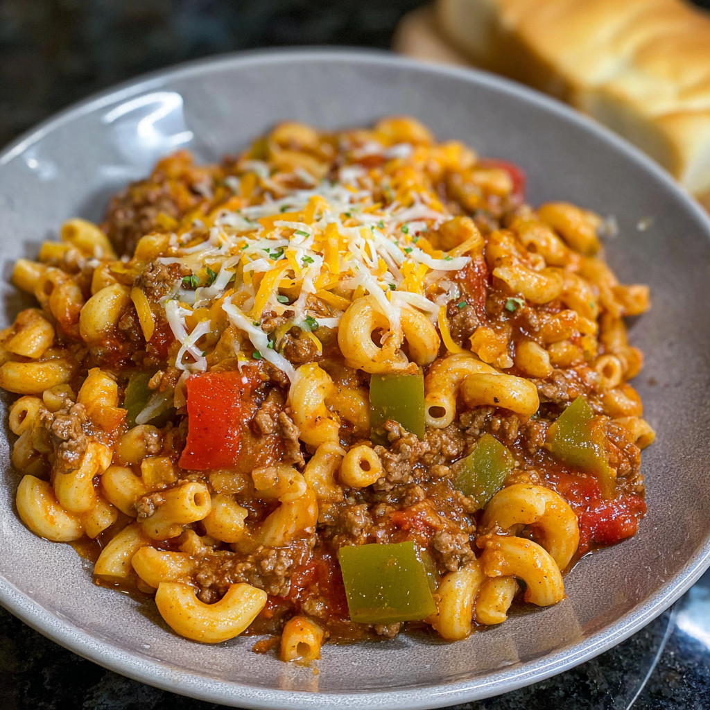 A bowl of beefaroni with cheese and peppers.