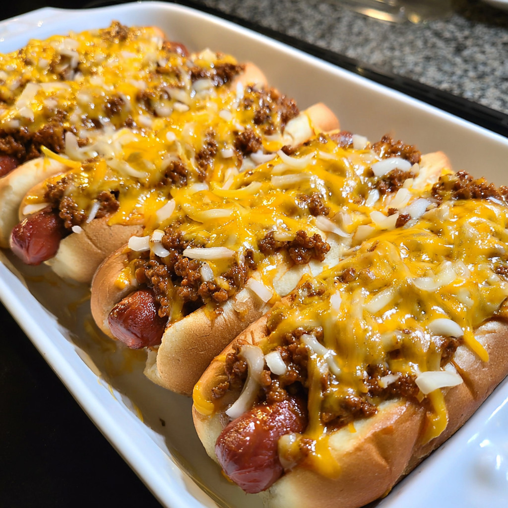 A tray of chili cheese dogs.