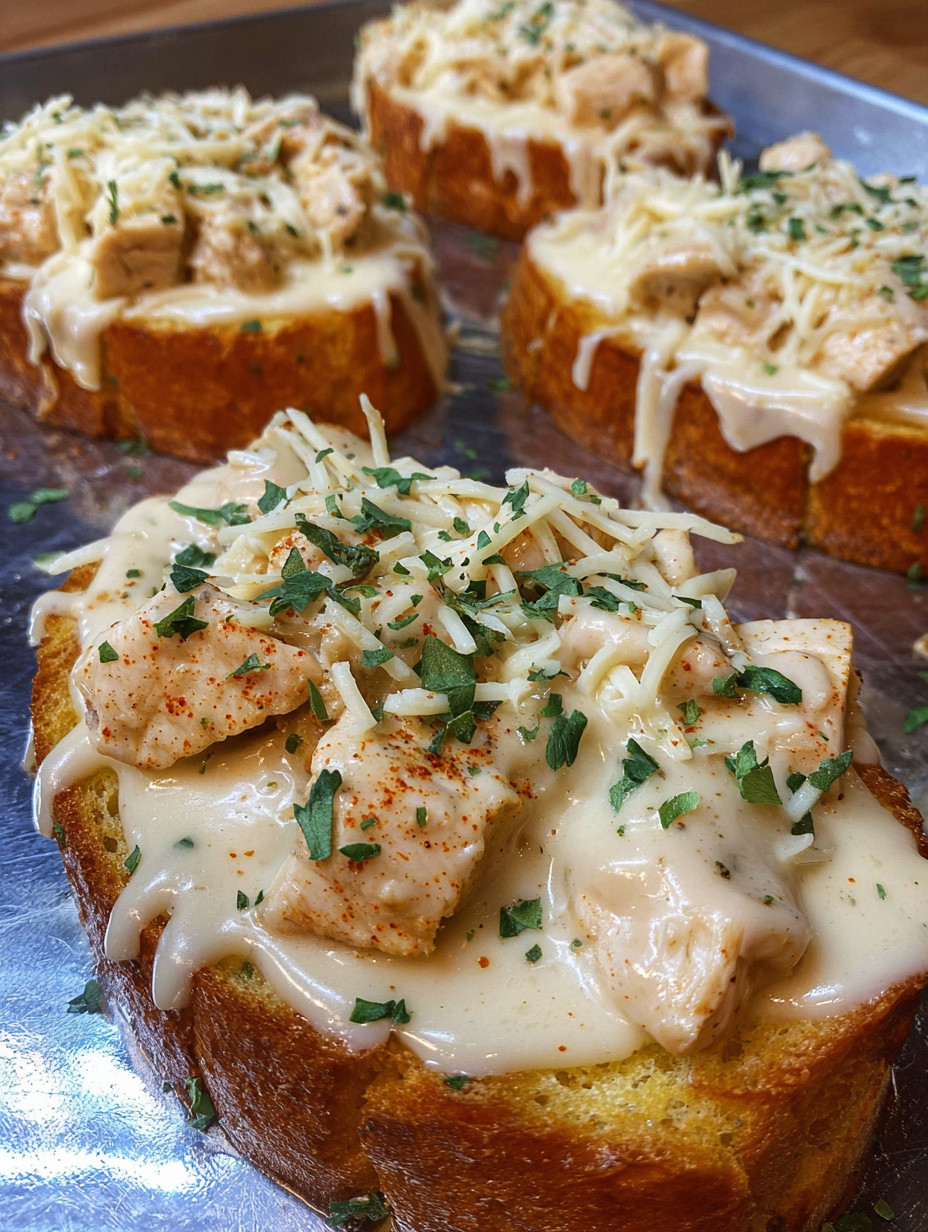 A slice of garlic toast with chicken Alfredo.