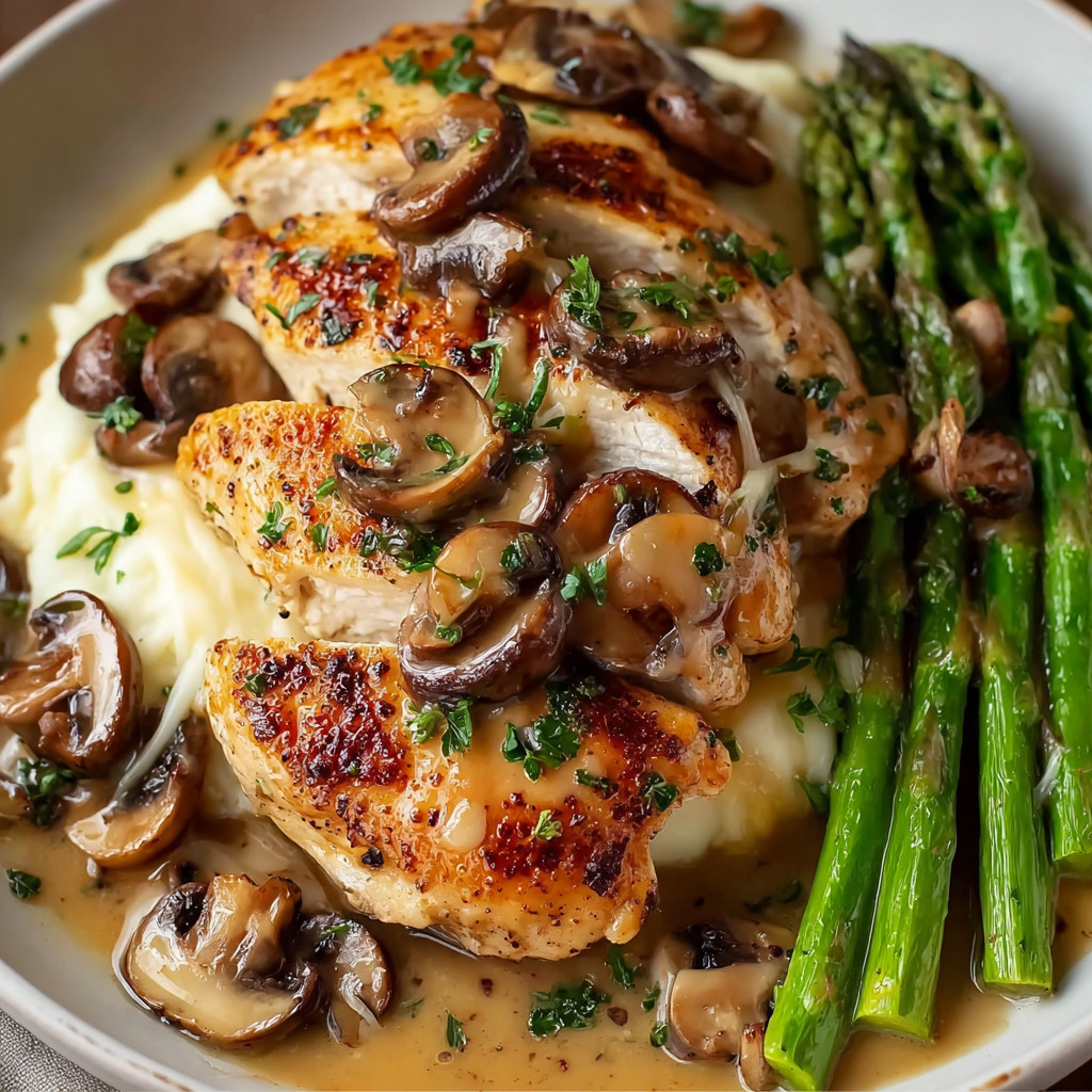 A dish of chicken Madeira with mushrooms and asparagus.