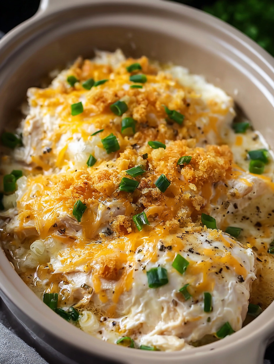 A bowl of chicken with cheese and green onions.