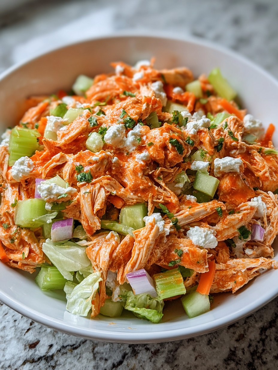 A bowl of chicken salad with vegetables.