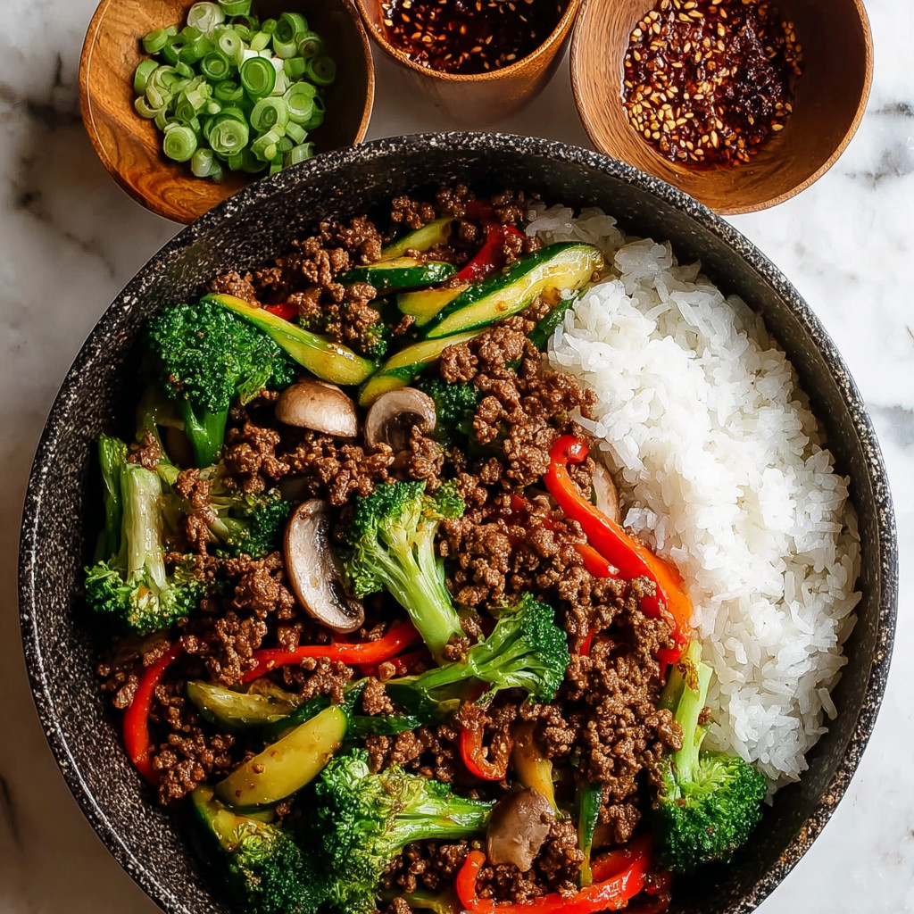 A bowl of spicy ground beef stir-fry with garlic veggies and steaming rice.