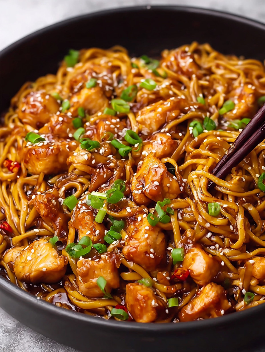 A bowl of noodles with chicken and vegetables.