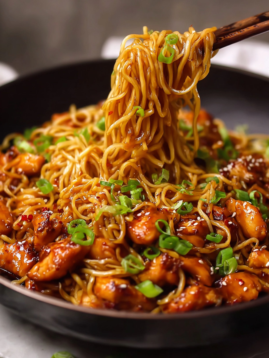 A bowl of noodles with chicken and vegetables.