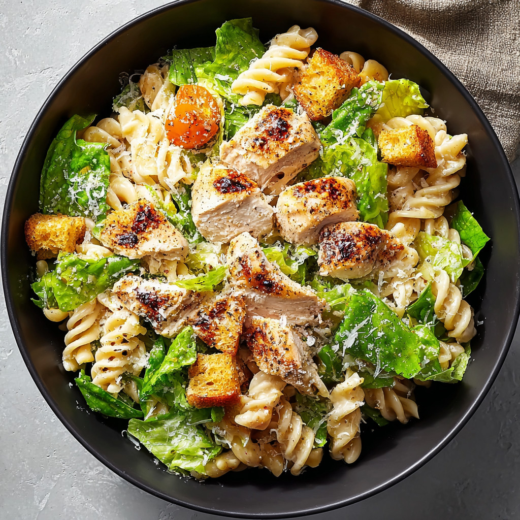 A bowl of chicken Caesar pasta salad.