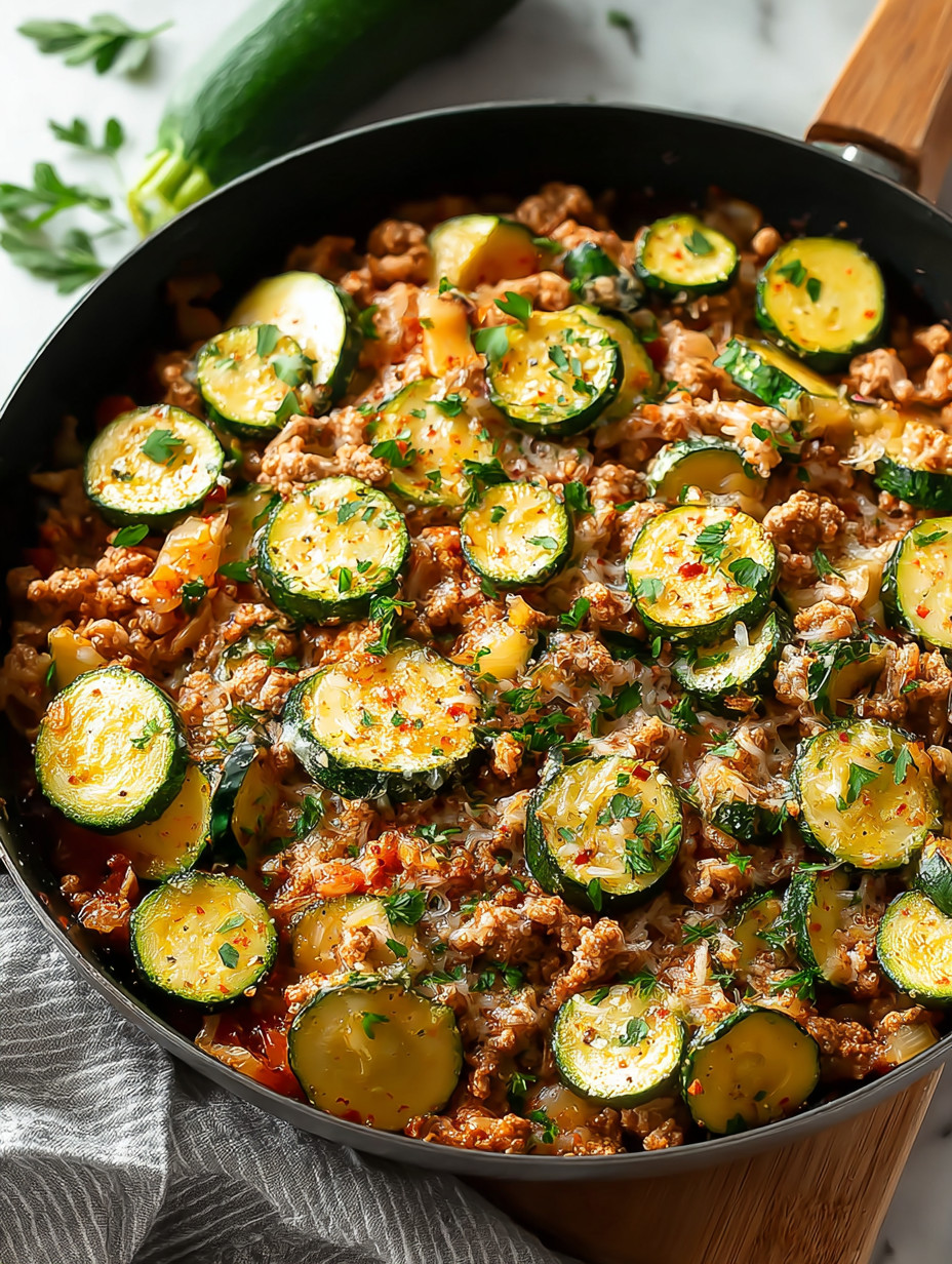 A skillet filled with ground turkey and zucchini.