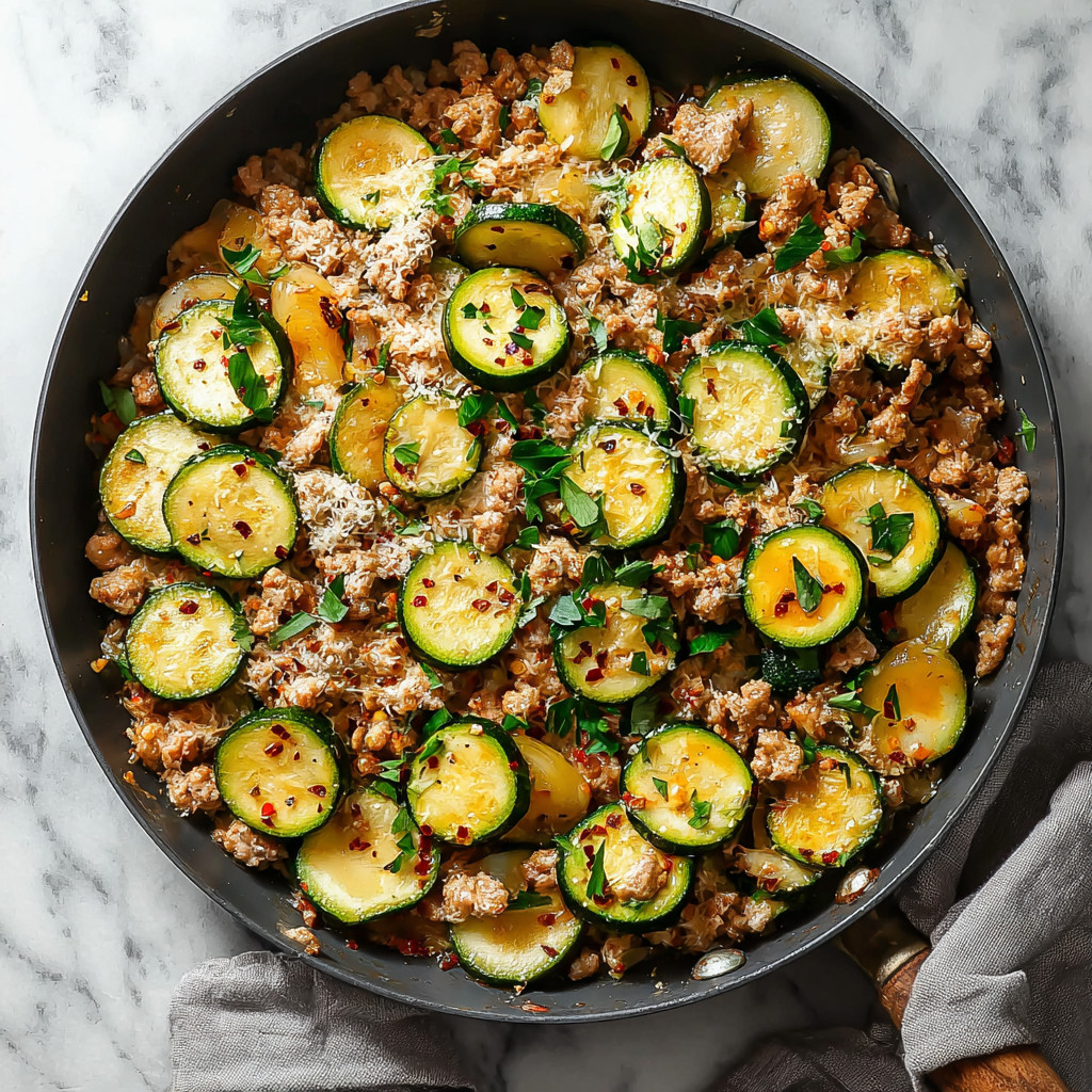 A skillet filled with ground turkey and zucchini.