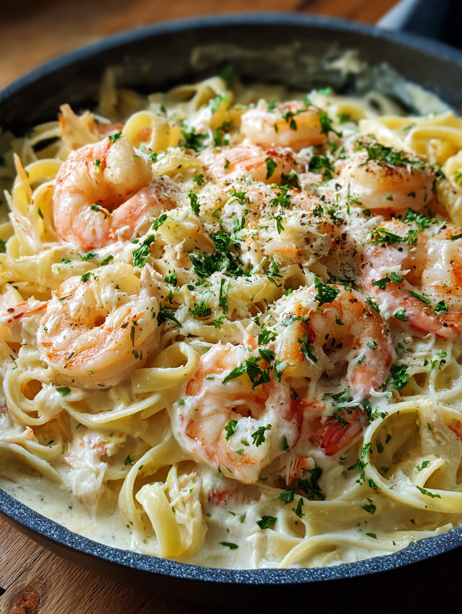 A dish of shrimp and crab Alfredo.