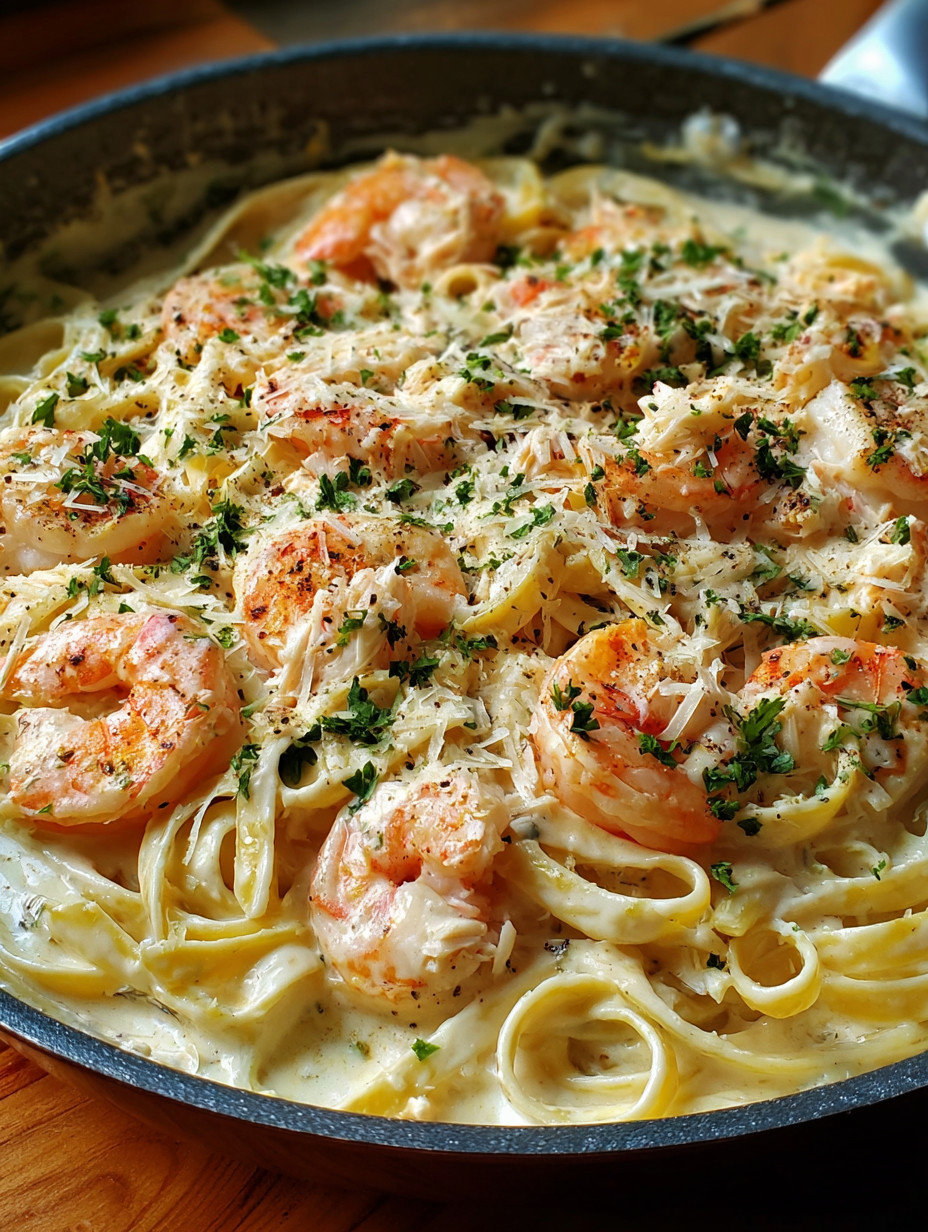 A dish of shrimp and crab alfredo.