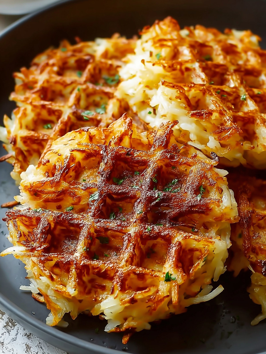 A plate of hash browns with a waffle maker.