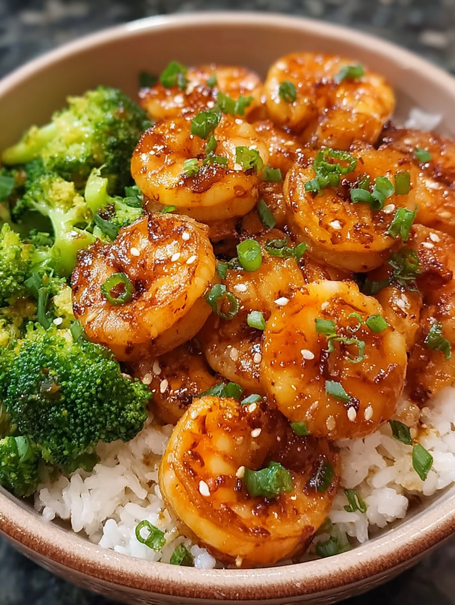 A bowl of shrimp and broccoli with a brown sauce.