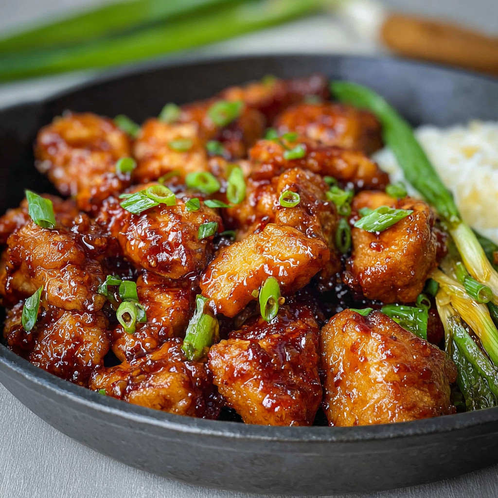 A plate of honey butter chicken with green onions.