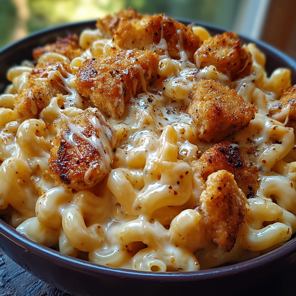 A bowl of creamy honey pepper chicken mac and cheese.
