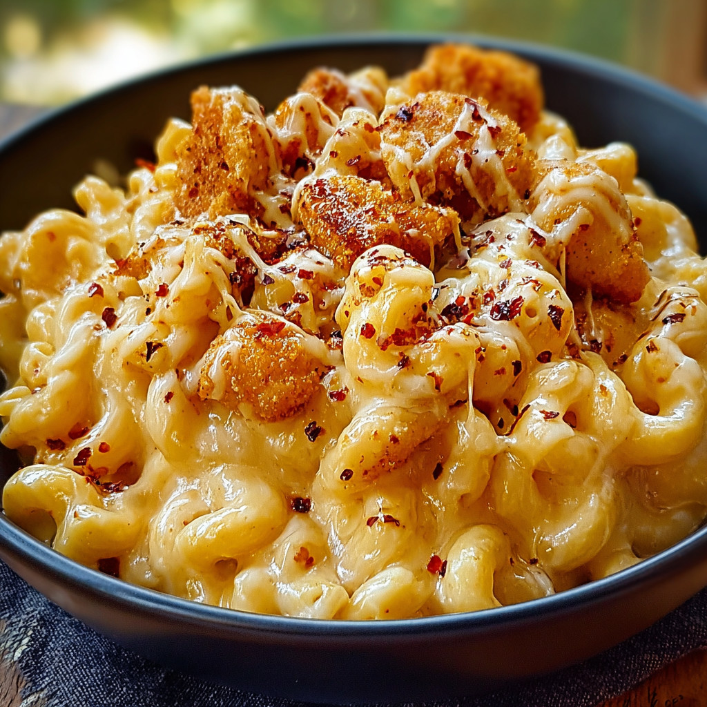 A bowl of creamy honey pepper chicken mac and cheese.