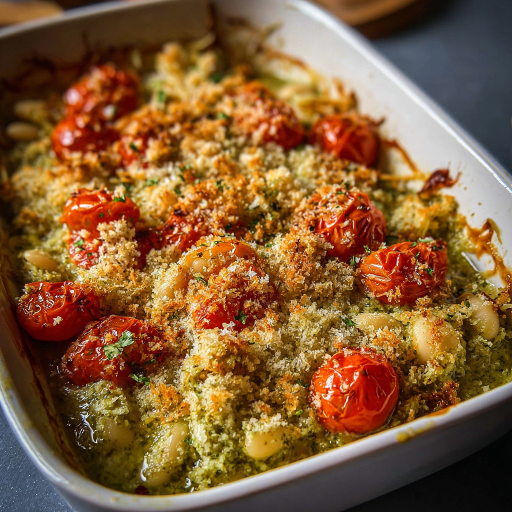 A white bean and pesto bake in a white bowl.