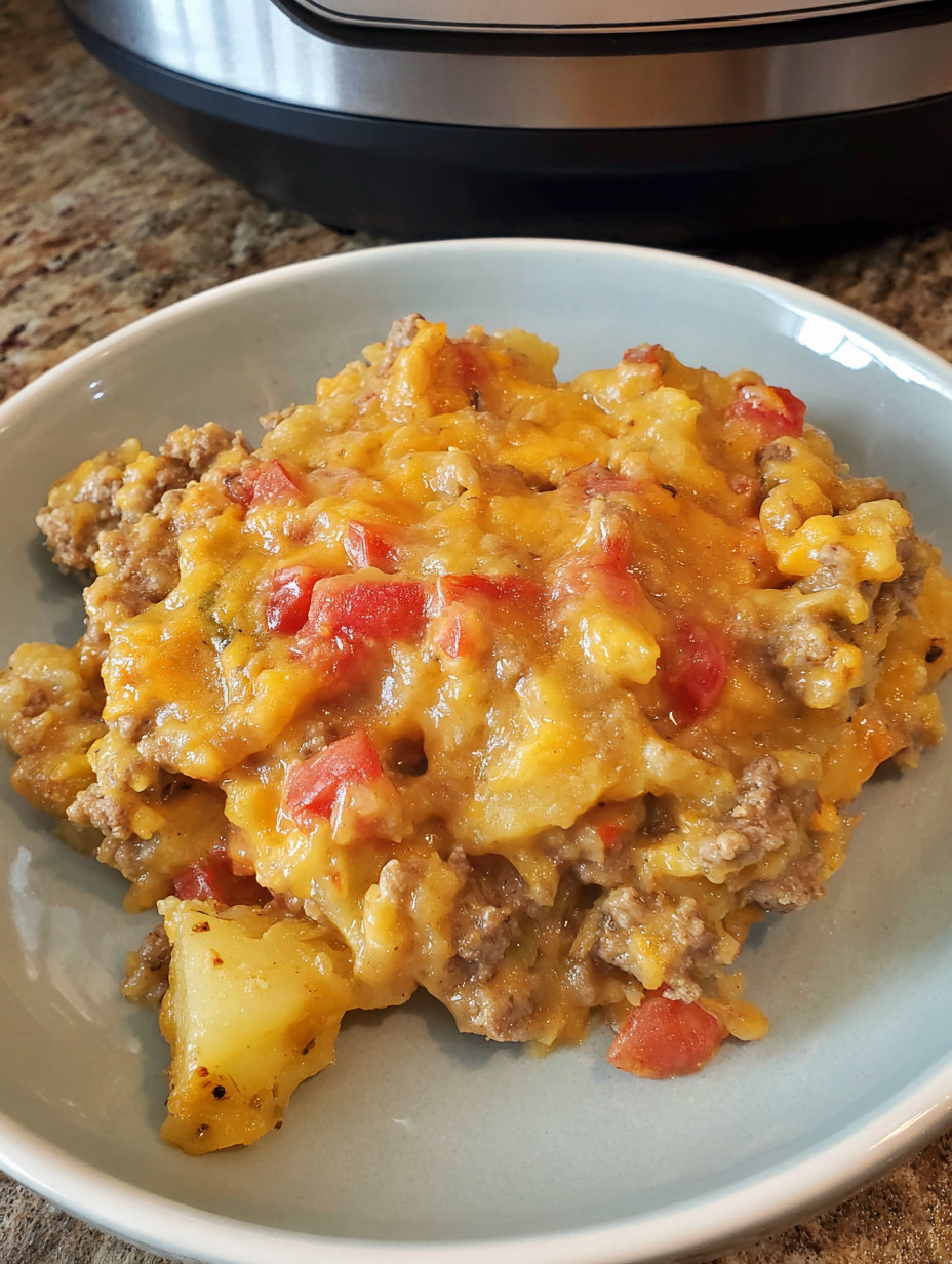 A white plate with a serving of crockpot cheesy rotel potatoes.