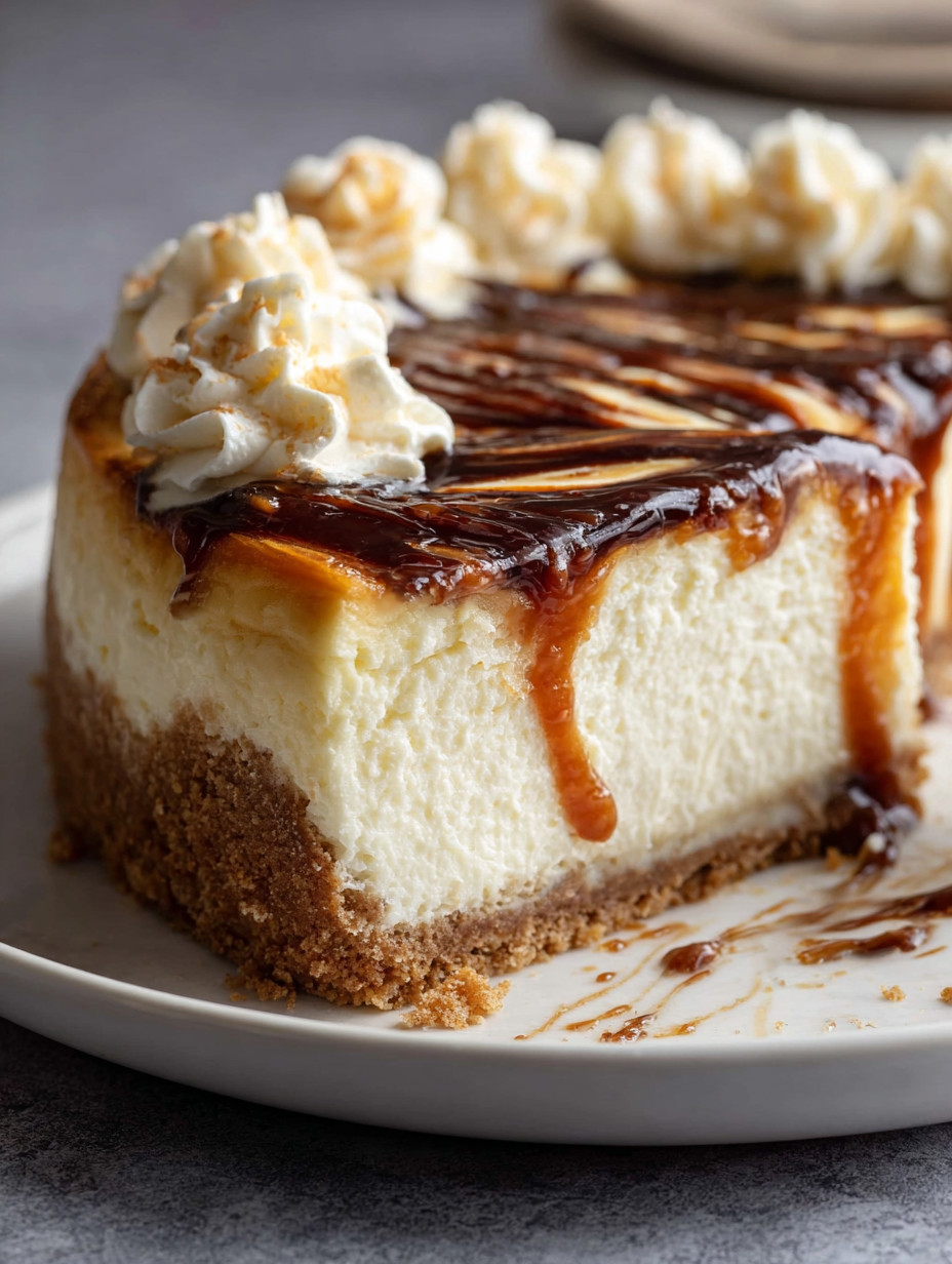 A slice of cheesecake with caramel drizzle.