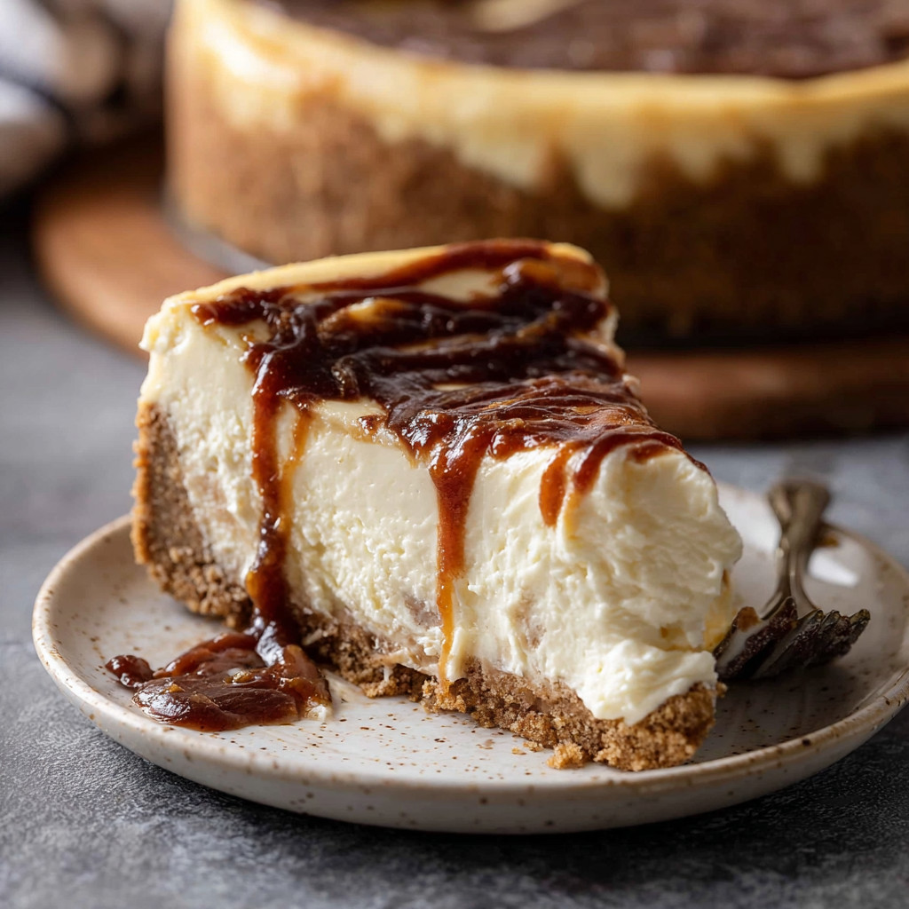 A slice of cheesecake with caramel drizzled on top.