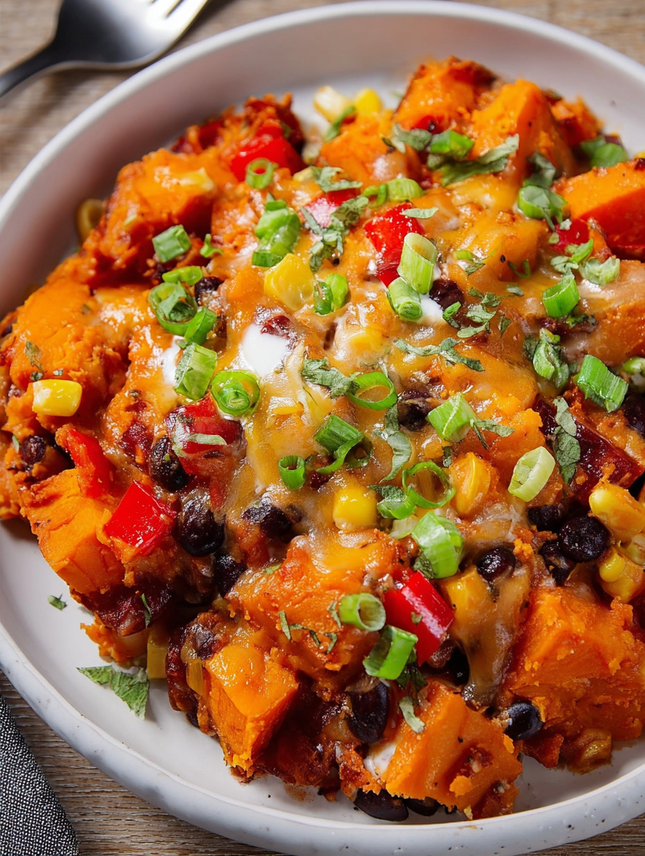 A plate of chili cheese sweet potato casserole.