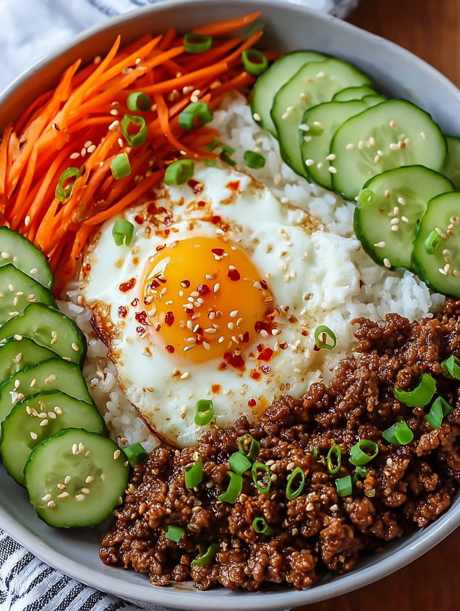 A bowl of food with a fried egg on top.