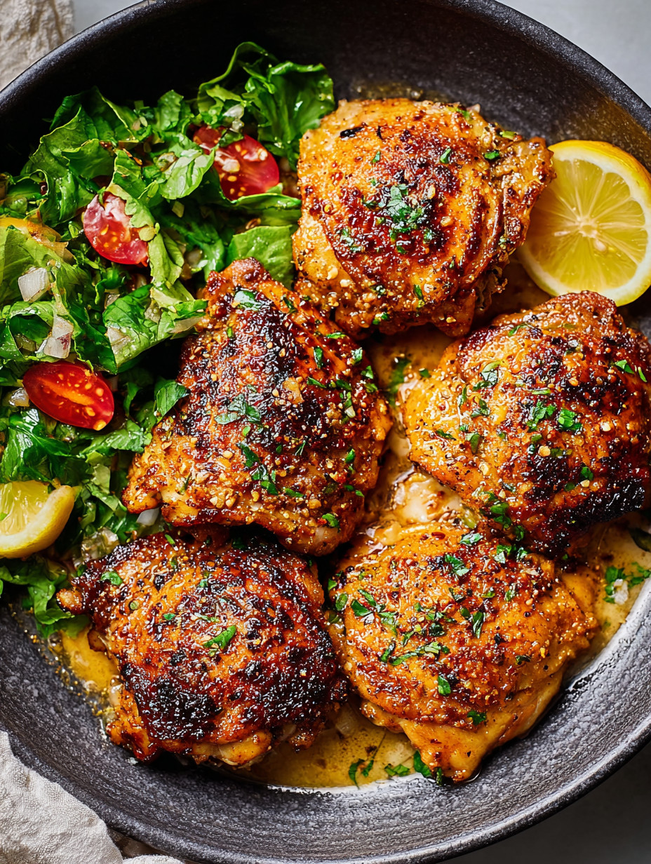 A plate of chicken thighs with a lemon wedge on top.