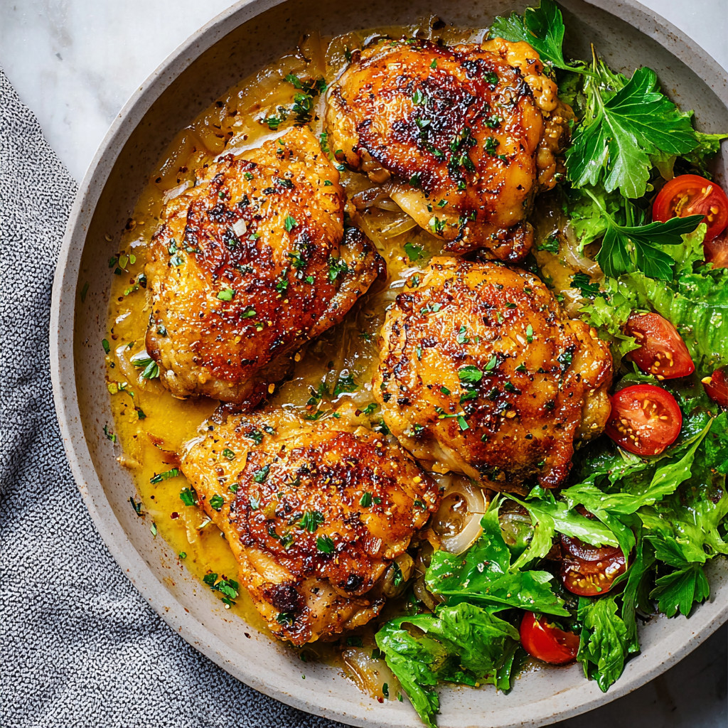 A plate of chicken thighs with onions and tomatoes.